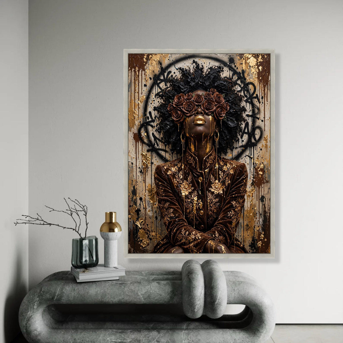 Regal Woman Portrait Canvas, Gold Floral Fashion Art, Black Beauty Wall Decor, Contemporary Feminine Canvas, Luxury Ready To Hang Decoration