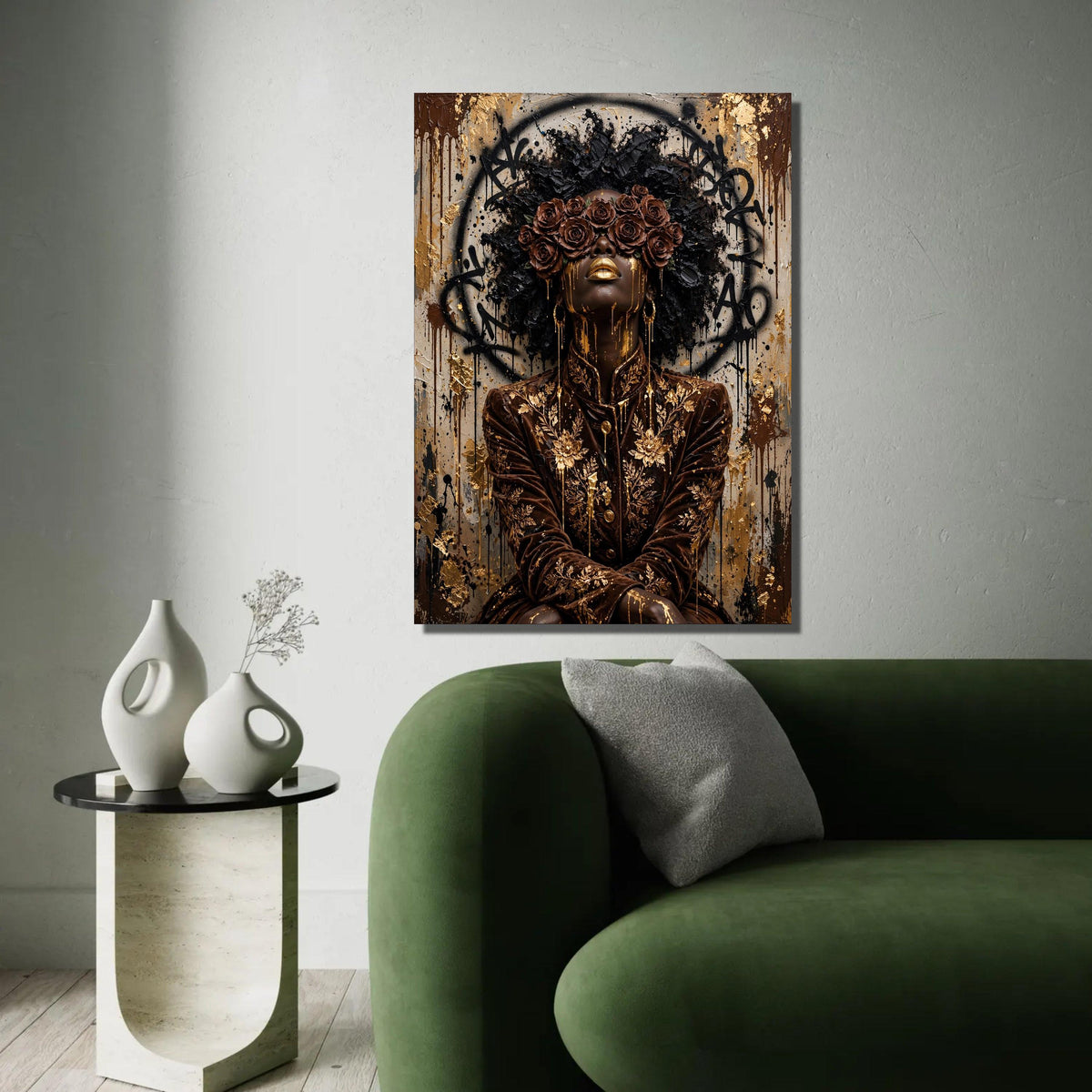 Regal Woman Portrait Canvas, Gold Floral Fashion Art, Black Beauty Wall Decor, Contemporary Feminine Canvas, Luxury Ready To Hang Decoration