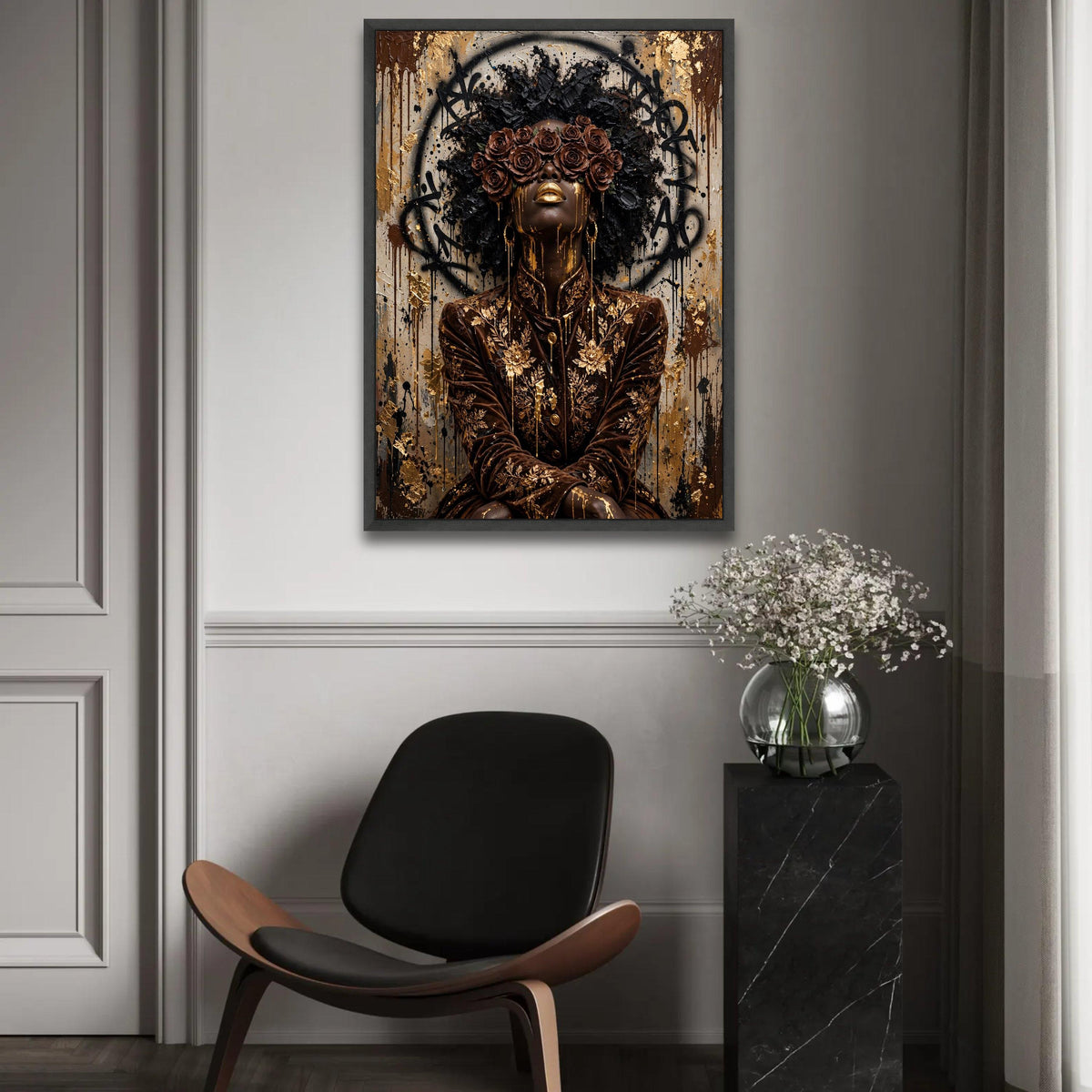 Regal Woman Portrait Canvas, Gold Floral Fashion Art, Black Beauty Wall Decor, Contemporary Feminine Canvas, Luxury Ready To Hang Decoration
