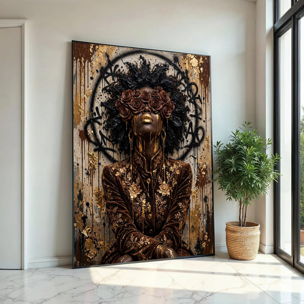 Regal Woman Portrait Canvas, Gold Floral Fashion Art, Black Beauty Wall Decor, Contemporary Feminine Canvas, Luxury Ready To Hang Decoration