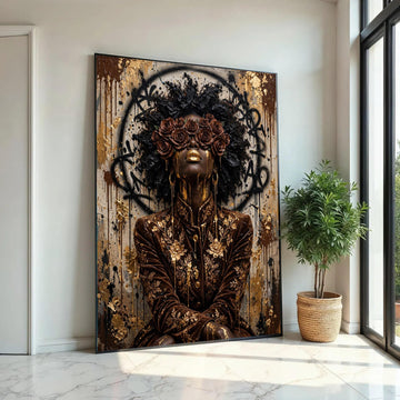 Regal Woman Portrait Canvas, Gold Floral Fashion Art, Black Beauty Wall Decor, Contemporary Feminine Canvas, Luxury Ready To Hang Decoration