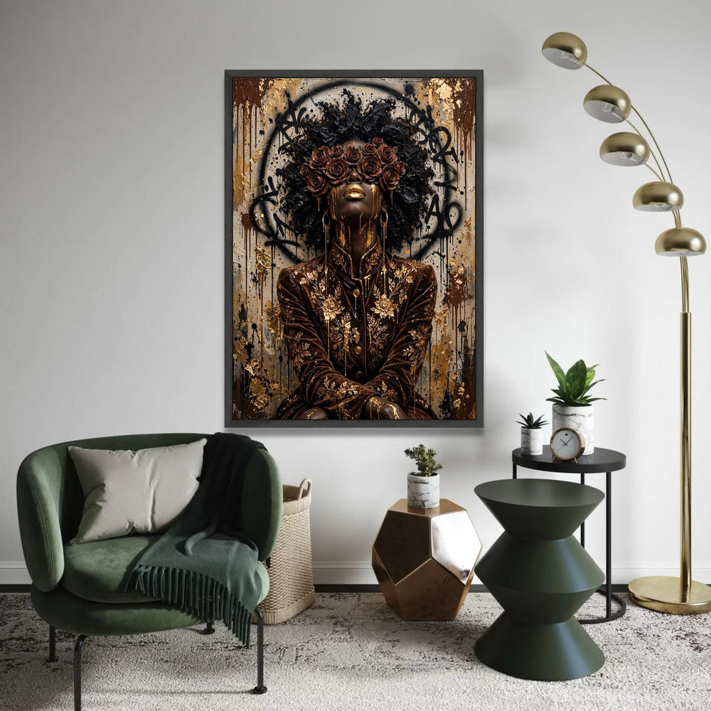 Regal Woman Portrait Canvas, Gold Floral Fashion Art, Black Beauty Wall Decor, Contemporary Feminine Canvas, Luxury Ready To Hang Decoration