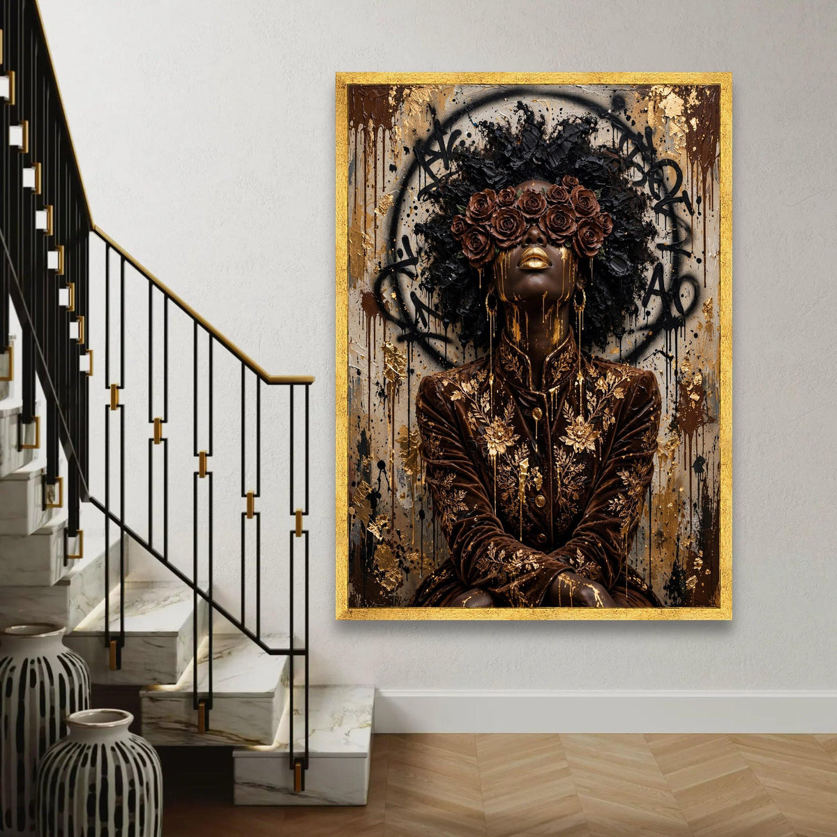 Regal Woman Portrait Canvas, Gold Floral Fashion Art, Black Beauty Wall Decor, Contemporary Feminine Canvas, Luxury Ready To Hang Decoration