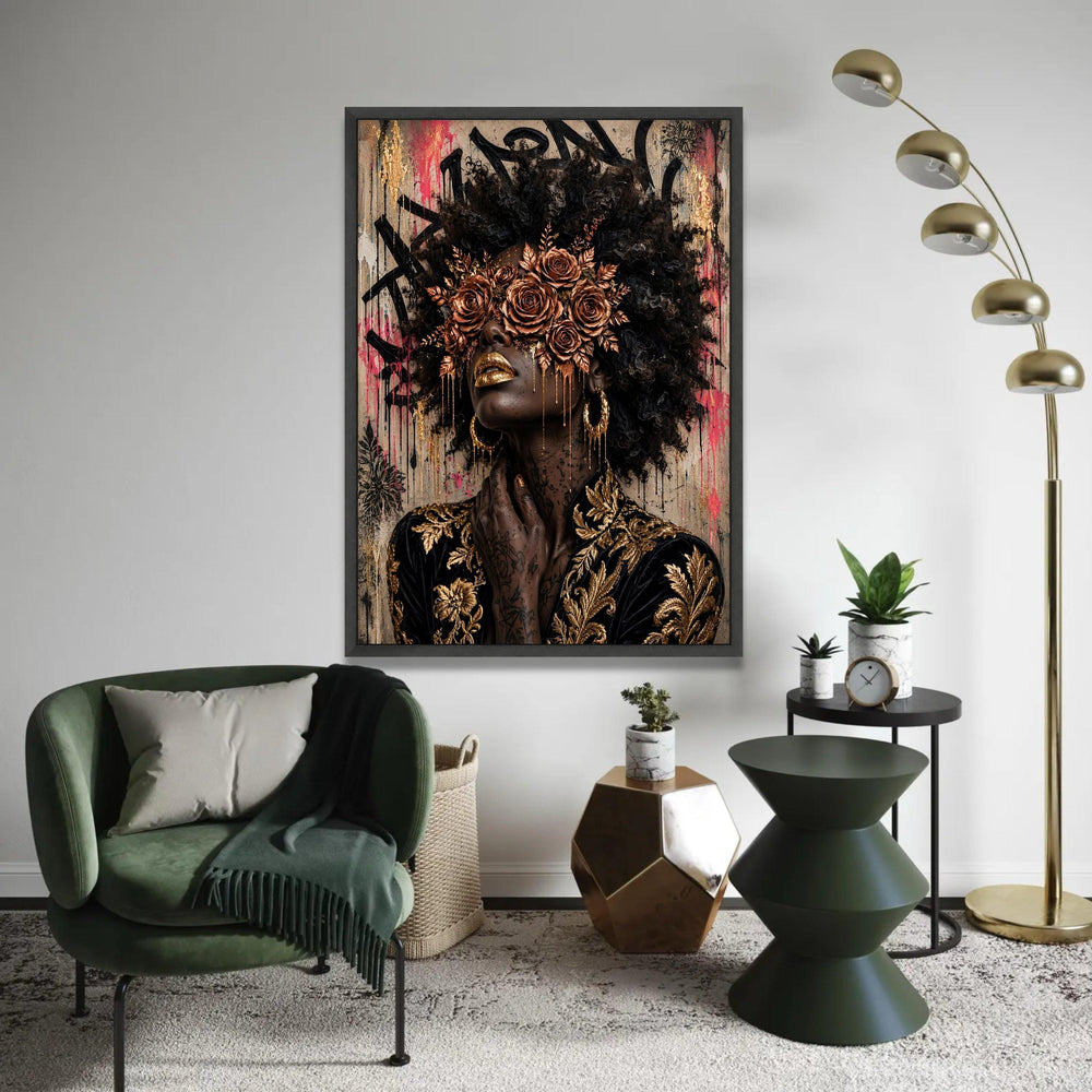 Elegant Woman Portrait Canvas, Gold Floral Mask Wall Art, Afro Hair Art, Glamour Makeup Canvas, Decorative Modern Ready To Hang Decoration