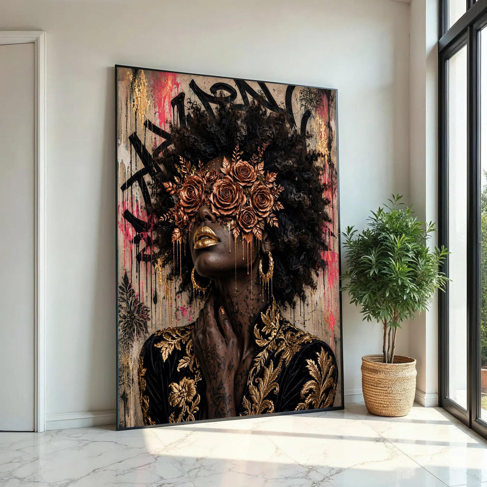 Elegant Woman Portrait Canvas, Gold Floral Mask Wall Art, Afro Hair Art, Glamour Makeup Canvas, Decorative Modern Ready To Hang Decoration