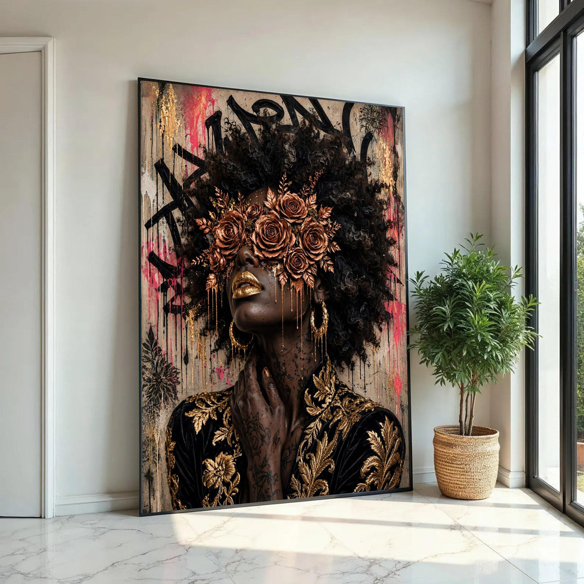 Elegant Woman Portrait Canvas, Gold Floral Mask Wall Art, Afro Hair Art, Glamour Makeup Canvas, Decorative Modern Ready To Hang Decoration