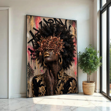 Elegant Woman Portrait Canvas, Gold Floral Mask Wall Art, Afro Hair Art, Glamour Makeup Canvas, Decorative Modern Ready To Hang Decoration