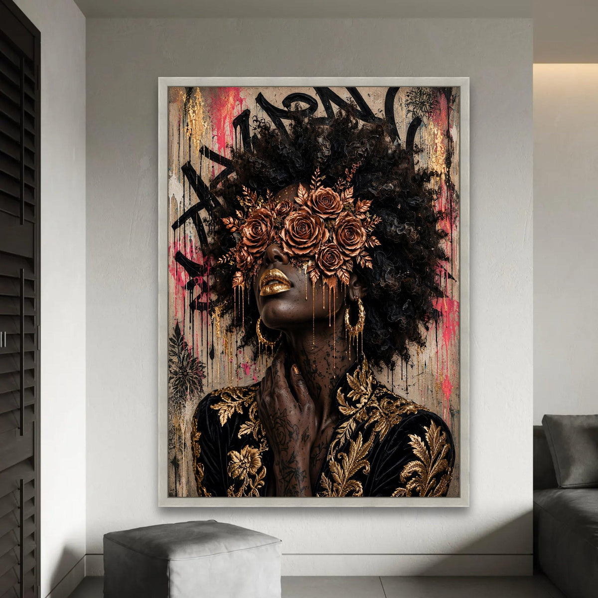 Elegant Woman Portrait Canvas, Gold Floral Mask Wall Art, Afro Hair Art, Glamour Makeup Canvas, Decorative Modern Ready To Hang Decoration