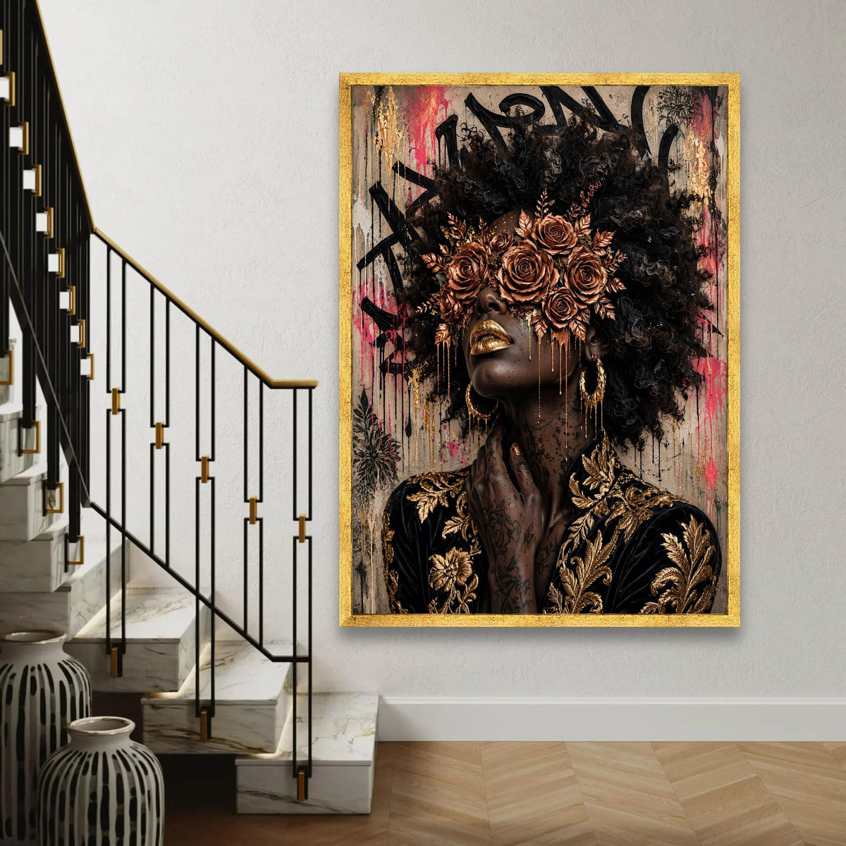Elegant Woman Portrait Canvas, Gold Floral Mask Wall Art, Afro Hair Art, Glamour Makeup Canvas, Decorative Modern Ready To Hang Decoration