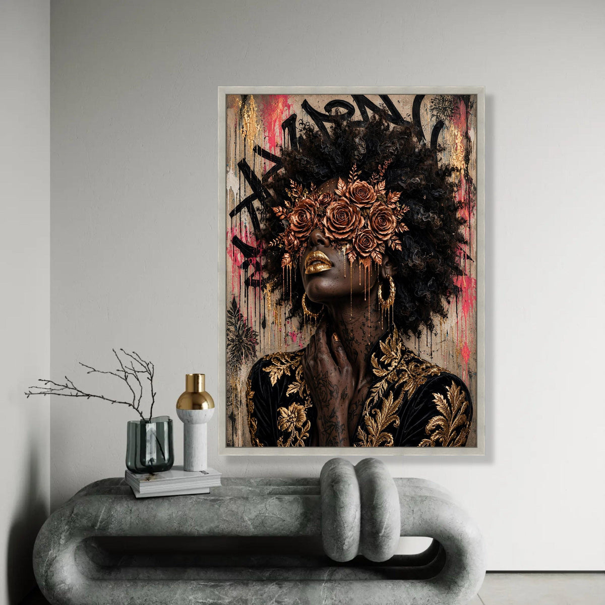 Elegant Woman Portrait Canvas, Gold Floral Mask Wall Art, Afro Hair Art, Glamour Makeup Canvas, Decorative Modern Ready To Hang Decoration