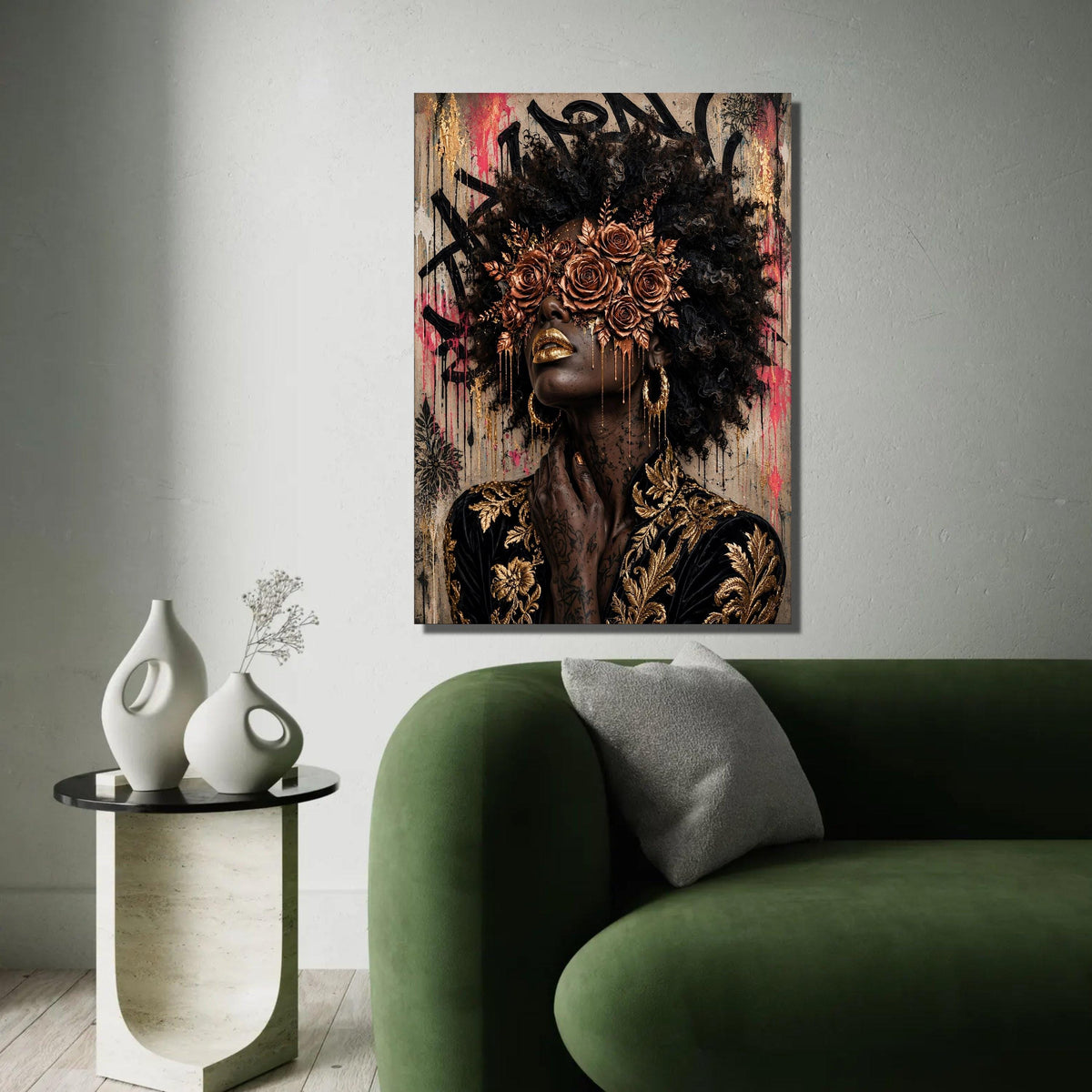 Elegant Woman Portrait Canvas, Gold Floral Mask Wall Art, Afro Hair Art, Glamour Makeup Canvas, Decorative Modern Ready To Hang Decoration