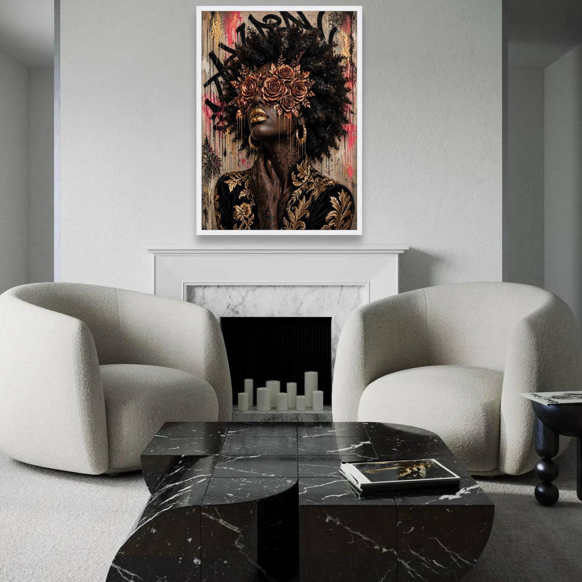 Elegant Woman Portrait Canvas, Gold Floral Mask Wall Art, Afro Hair Art, Glamour Makeup Canvas, Decorative Modern Ready To Hang Decoration