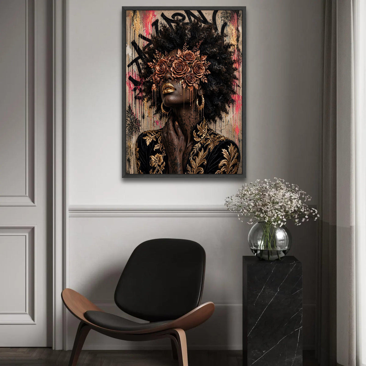 Elegant Woman Portrait Canvas, Gold Floral Mask Wall Art, Afro Hair Art, Glamour Makeup Canvas, Decorative Modern Ready To Hang Decoration