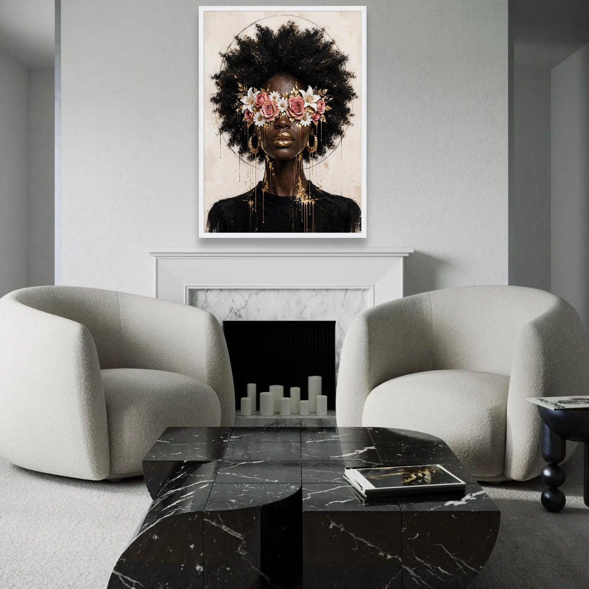 Afrocentric Beauty Portrait Canvas, Floral Eyewear Wall Art, Contemporary Woman Face Canvas, Gold Accents Home Ready To Hang Decoration
