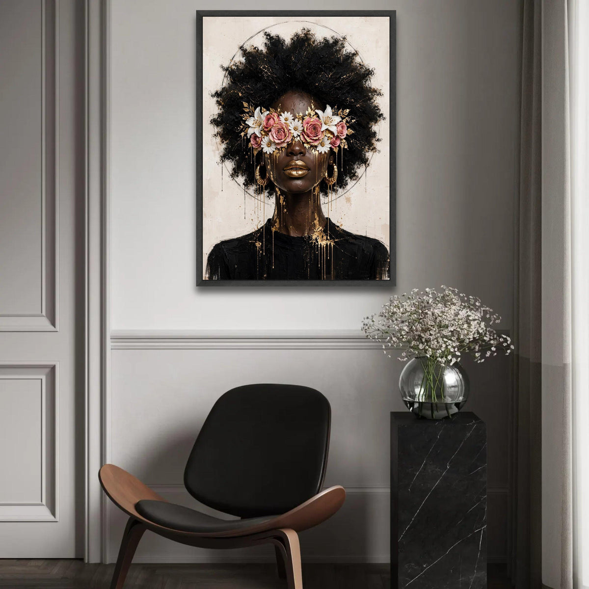 Afrocentric Beauty Portrait Canvas, Floral Eyewear Wall Art, Contemporary Woman Face Canvas, Gold Accents Home Ready To Hang Decoration