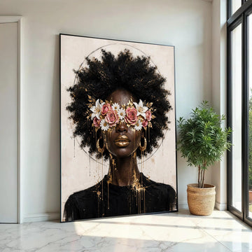 Afrocentric Beauty Portrait Canvas, Floral Eyewear Wall Art, Contemporary Woman Face Canvas, Gold Accents Home Ready To Hang Decoration