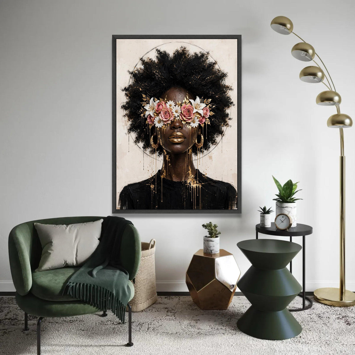 Afrocentric Beauty Portrait Canvas, Floral Eyewear Wall Art, Contemporary Woman Face Canvas, Gold Accents Home Ready To Hang Decoration