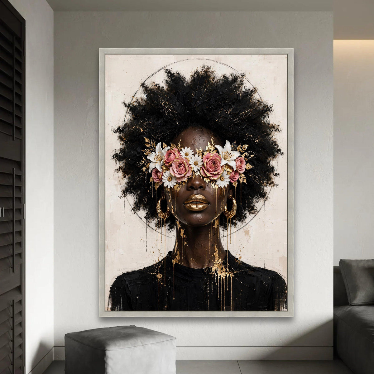 Afrocentric Beauty Portrait Canvas, Floral Eyewear Wall Art, Contemporary Woman Face Canvas, Gold Accents Home Ready To Hang Decoration