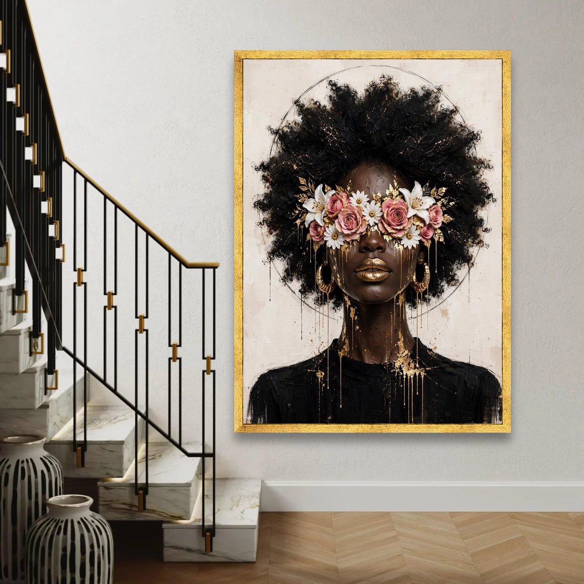 Afrocentric Beauty Portrait Canvas, Floral Eyewear Wall Art, Contemporary Woman Face Canvas, Gold Accents Home Ready To Hang Decoration