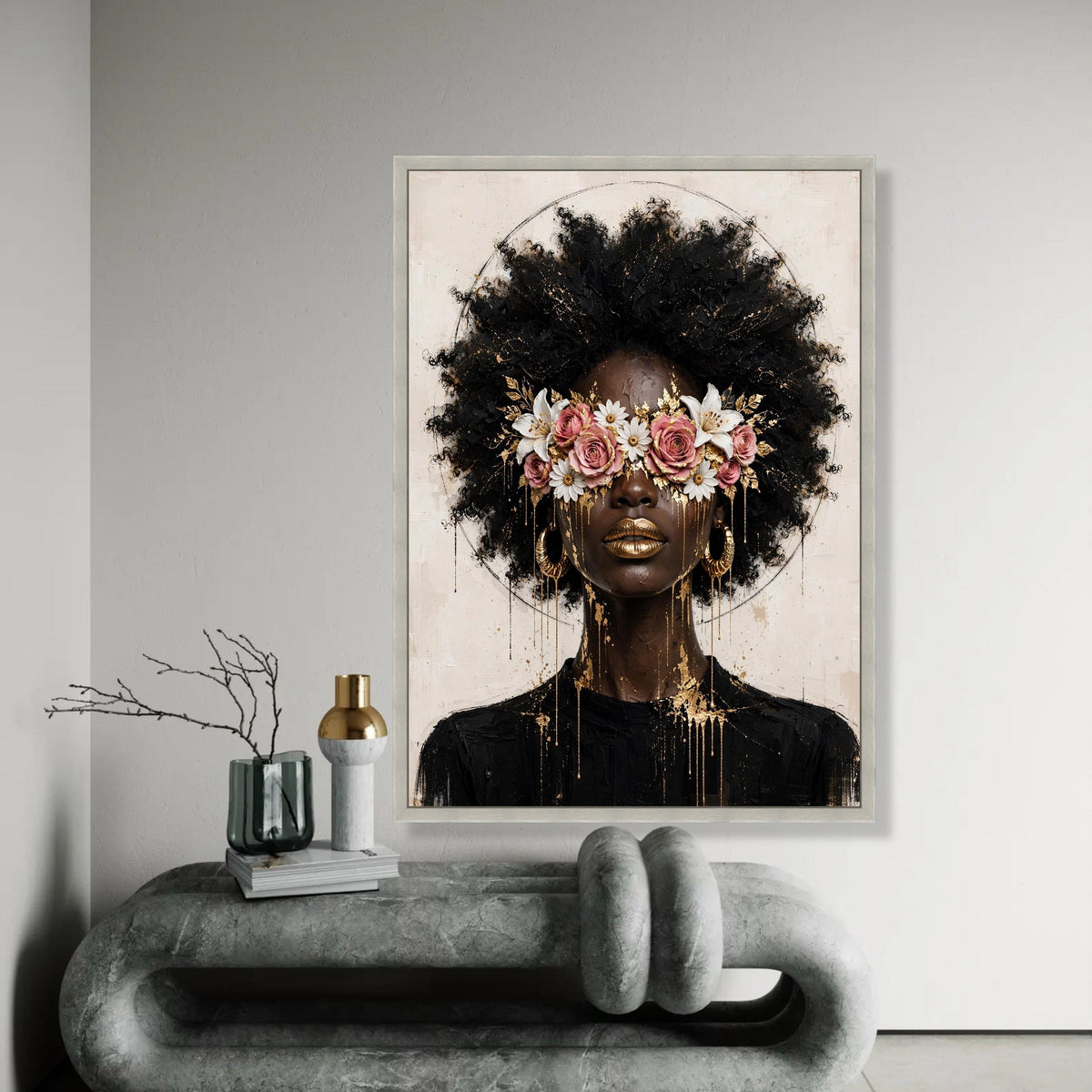 Afrocentric Beauty Portrait Canvas, Floral Eyewear Wall Art, Contemporary Woman Face Canvas, Gold Accents Home Ready To Hang Decoration