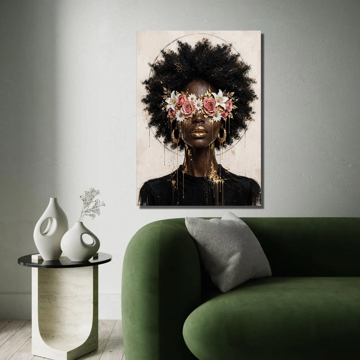 Afrocentric Beauty Portrait Canvas, Floral Eyewear Wall Art, Contemporary Woman Face Canvas, Gold Accents Home Ready To Hang Decoration