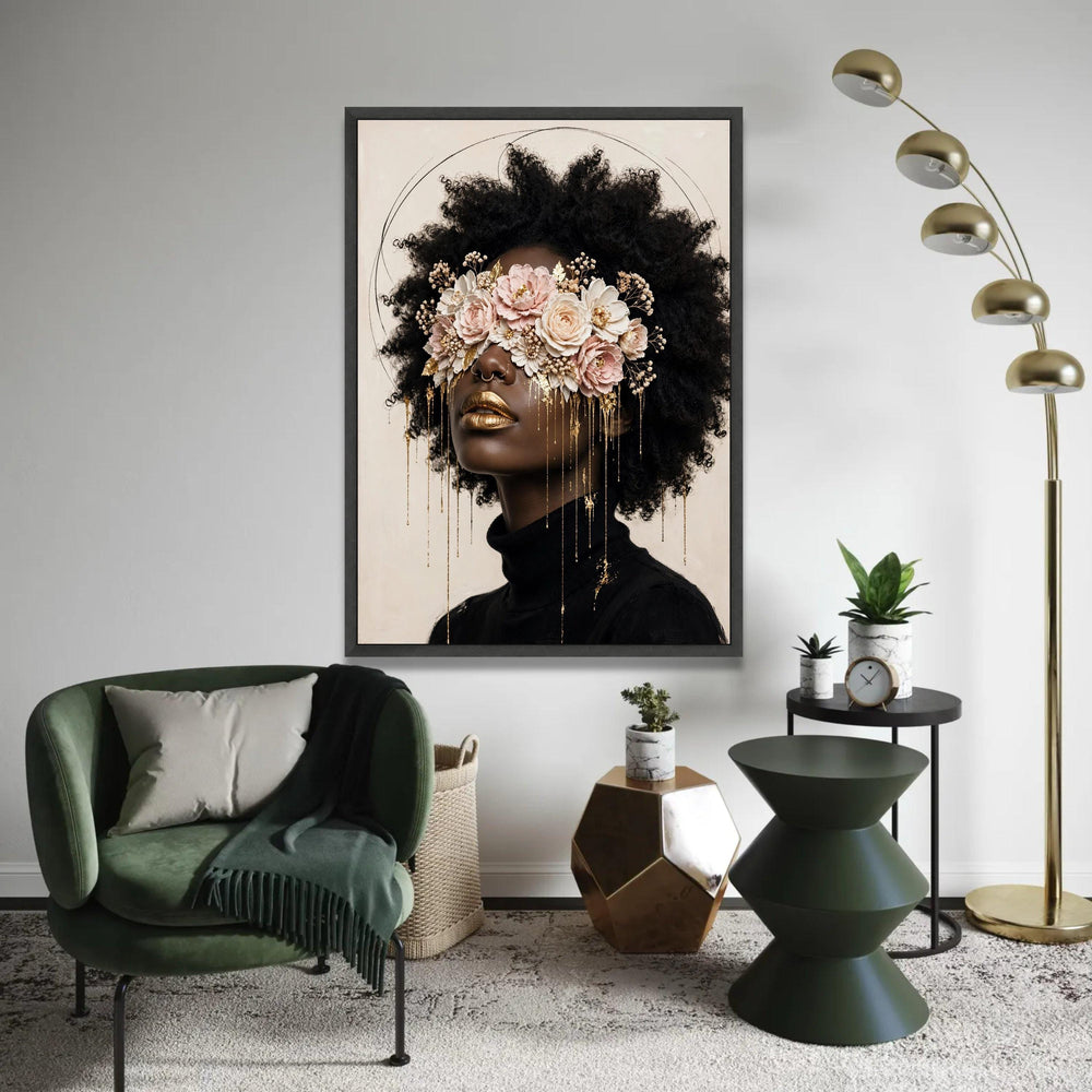 Elegant Afro Woman with Floral Eye Mask Canvas, Gold Accent Portrait Wall Art, Modern Feminine Decor, Unique Home Ready To Hang Decoration