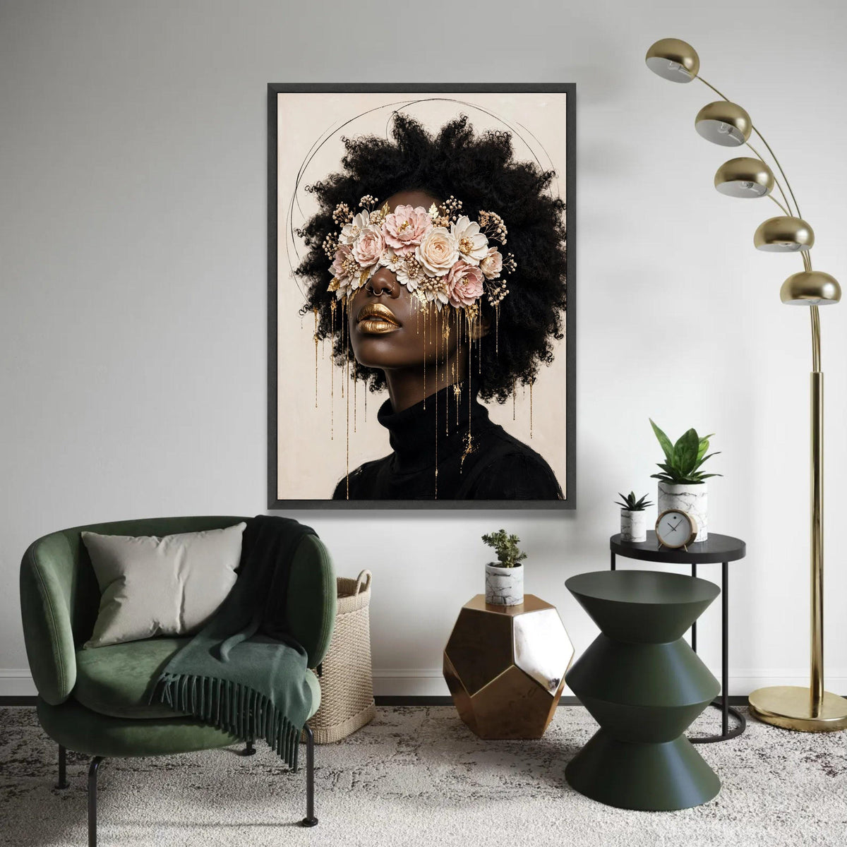 Elegant Afro Woman with Floral Eye Mask Canvas, Gold Accent Portrait Wall Art, Modern Feminine Decor, Unique Home Ready To Hang Decoration