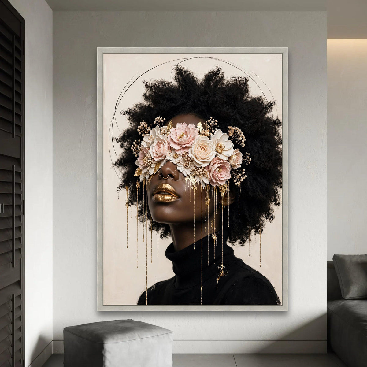 Elegant Afro Woman with Floral Eye Mask Canvas, Gold Accent Portrait Wall Art, Modern Feminine Decor, Unique Home Ready To Hang Decoration