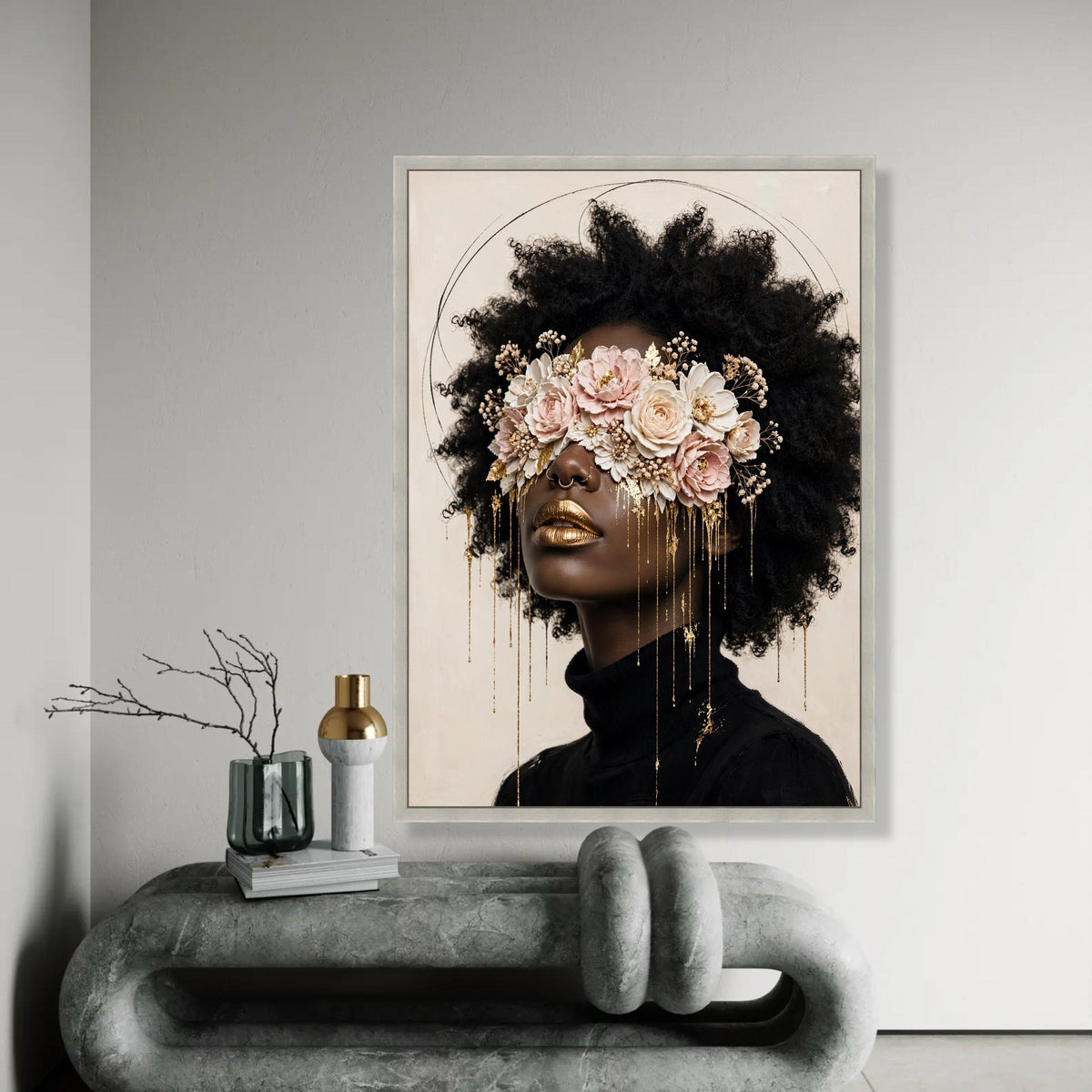 Elegant Afro Woman with Floral Eye Mask Canvas, Gold Accent Portrait Wall Art, Modern Feminine Decor, Unique Home Ready To Hang Decoration