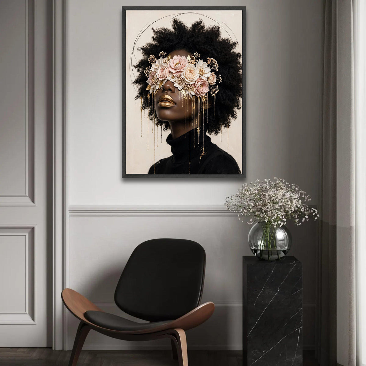 Elegant Afro Woman with Floral Eye Mask Canvas, Gold Accent Portrait Wall Art, Modern Feminine Decor, Unique Home Ready To Hang Decoration