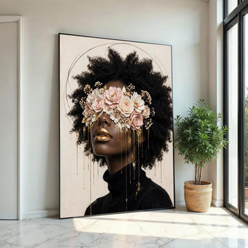 Elegant Afro Woman with Floral Eye Mask Canvas, Gold Accent Portrait Wall Art, Modern Feminine Decor, Unique Home Ready To Hang Decoration
