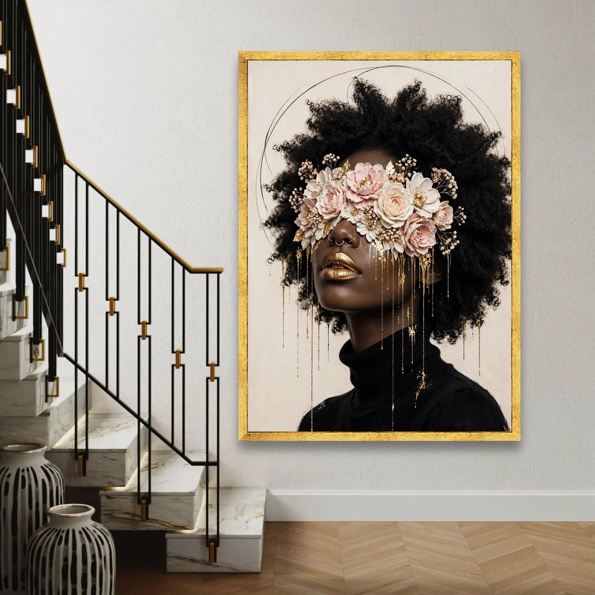 Elegant Afro Woman with Floral Eye Mask Canvas, Gold Accent Portrait Wall Art, Modern Feminine Decor, Unique Home Ready To Hang Decoration