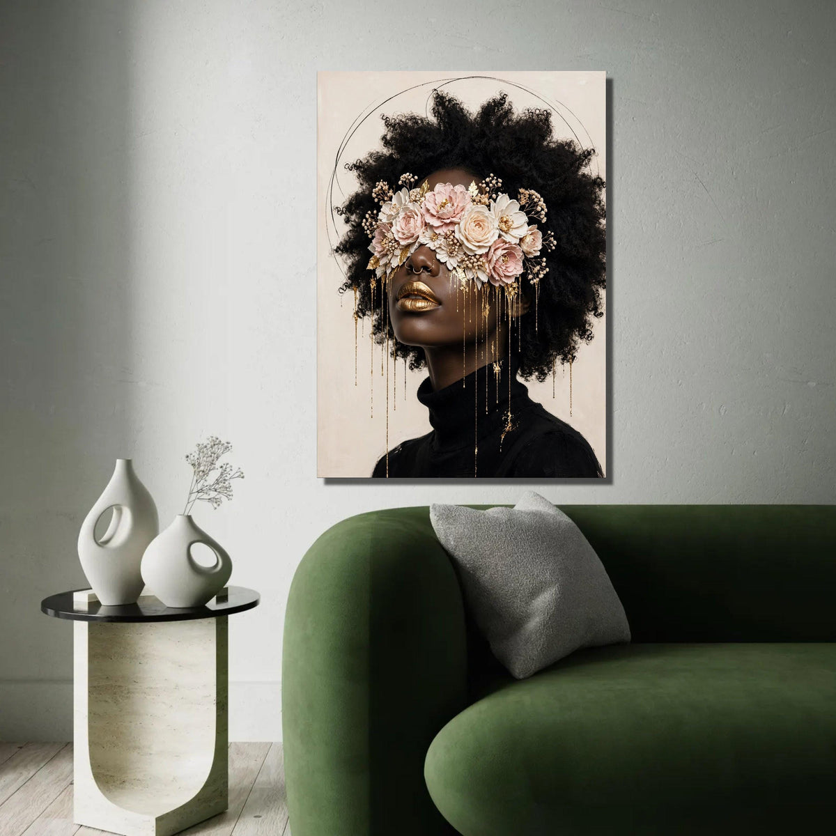 Elegant Afro Woman with Floral Eye Mask Canvas, Gold Accent Portrait Wall Art, Modern Feminine Decor, Unique Home Ready To Hang Decoration