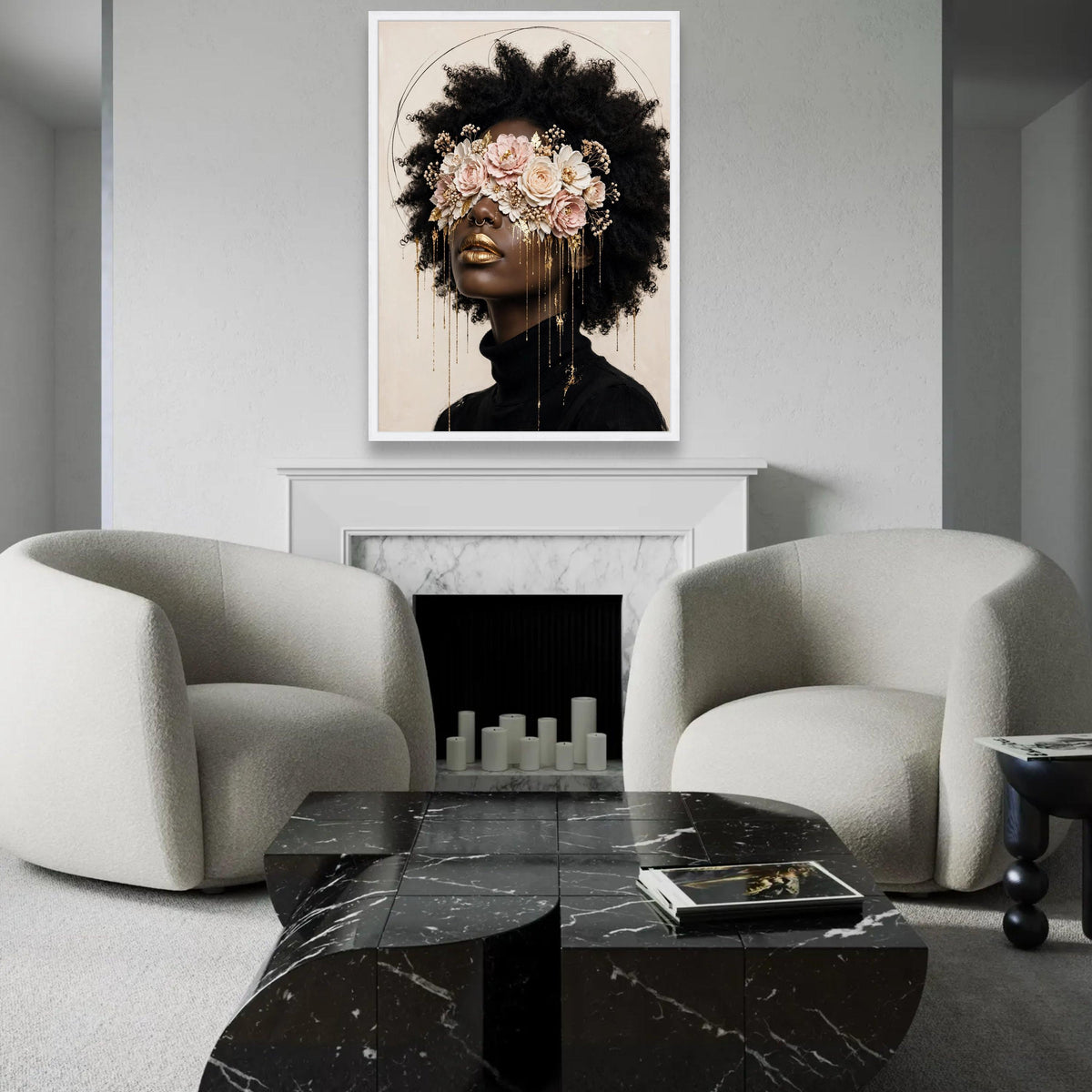 Elegant Afro Woman with Floral Eye Mask Canvas, Gold Accent Portrait Wall Art, Modern Feminine Decor, Unique Home Ready To Hang Decoration