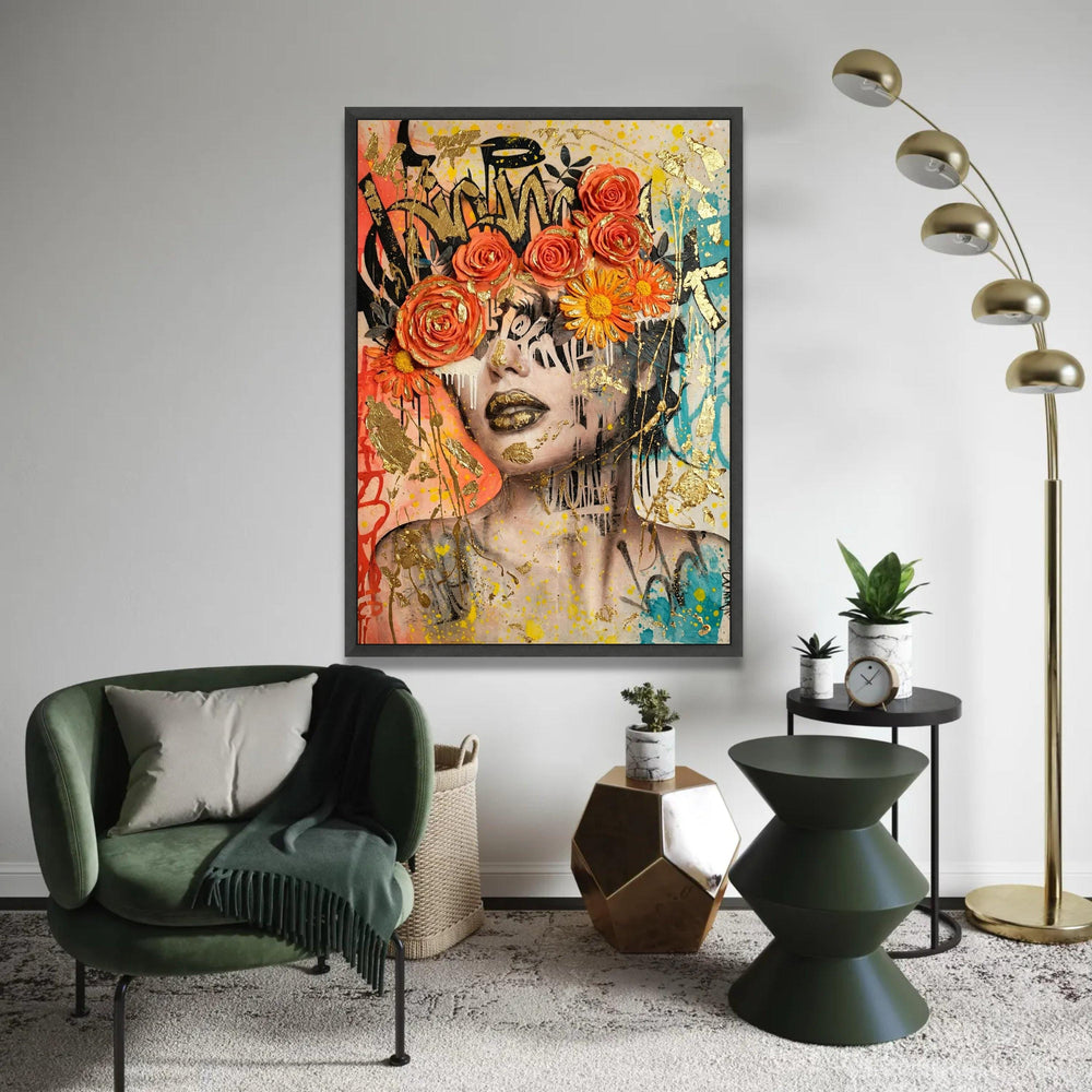 Vibrant Floral Crown Portrait Canvas, Urban Graffiti Wall Art, Modern Face Artwork, Colorful Home Decoration, Bold Ready To Hang Decoration
