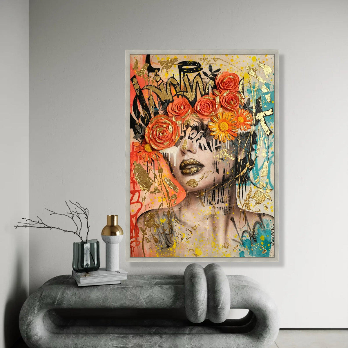 Vibrant Floral Crown Portrait Canvas, Urban Graffiti Wall Art, Modern Face Artwork, Colorful Home Decoration, Bold Ready To Hang Decoration
