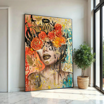 Vibrant Floral Crown Portrait Canvas, Urban Graffiti Wall Art, Modern Face Artwork, Colorful Home Decoration, Bold Ready To Hang Decoration