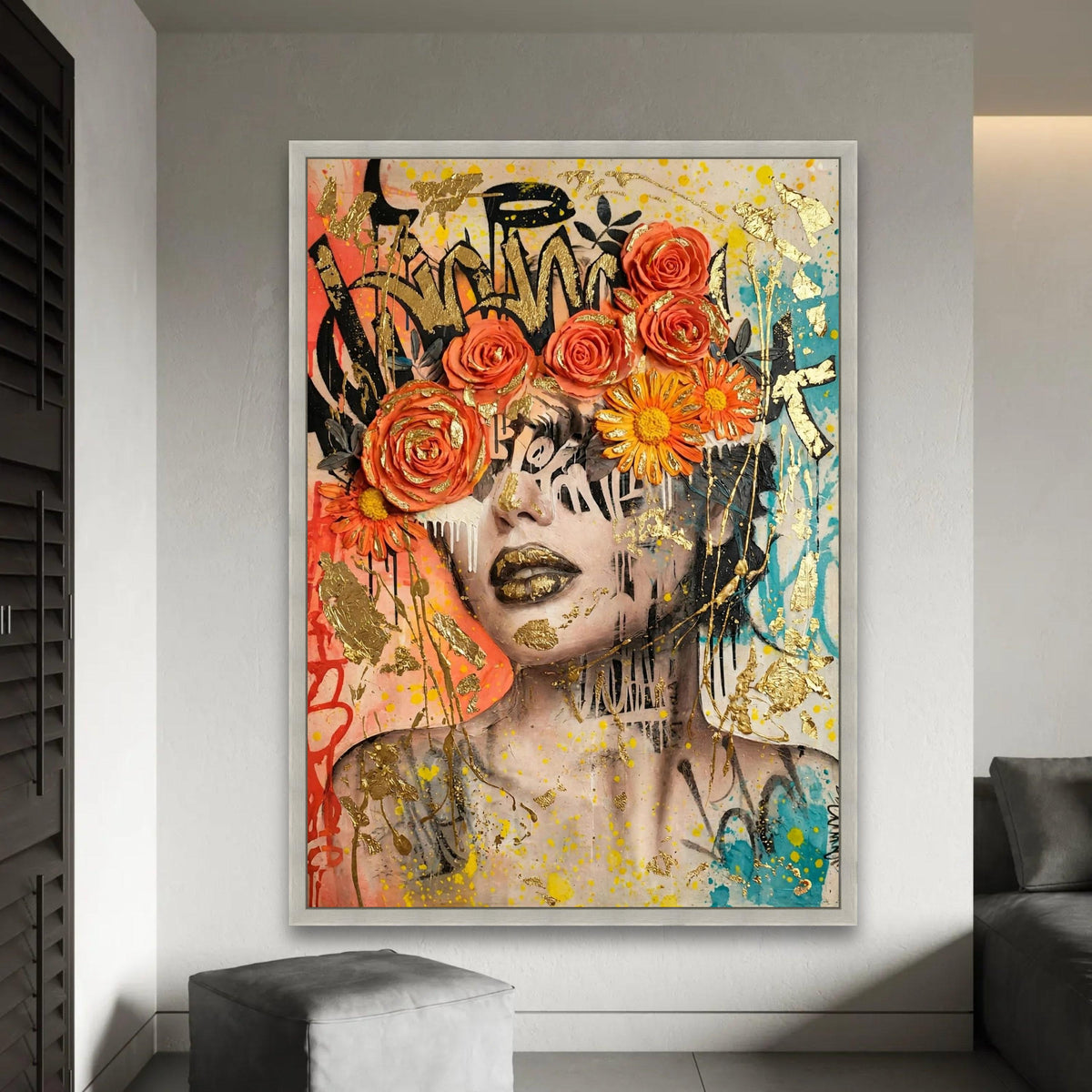 Vibrant Floral Crown Portrait Canvas, Urban Graffiti Wall Art, Modern Face Artwork, Colorful Home Decoration, Bold Ready To Hang Decoration