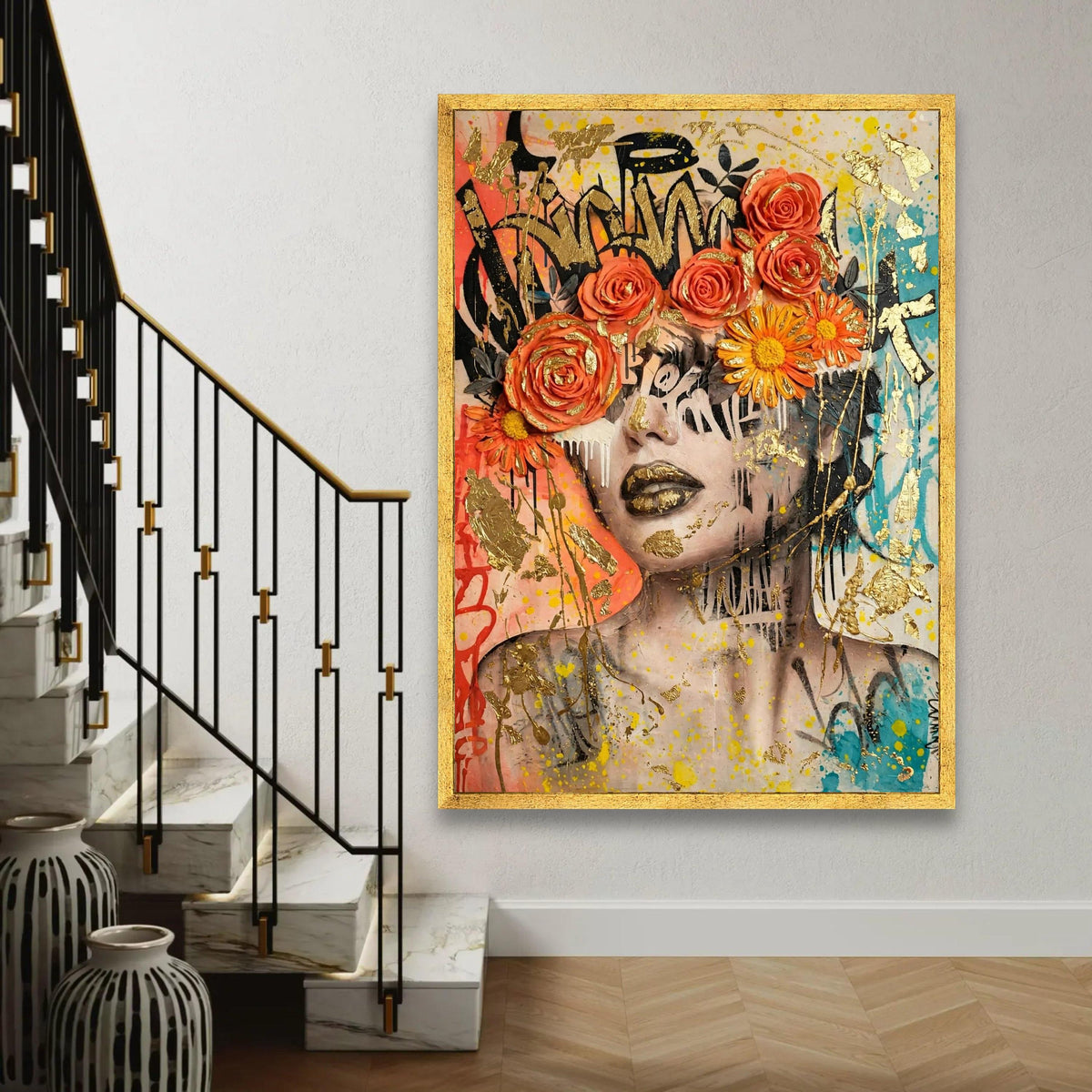 Vibrant Floral Crown Portrait Canvas, Urban Graffiti Wall Art, Modern Face Artwork, Colorful Home Decoration, Bold Ready To Hang Decoration