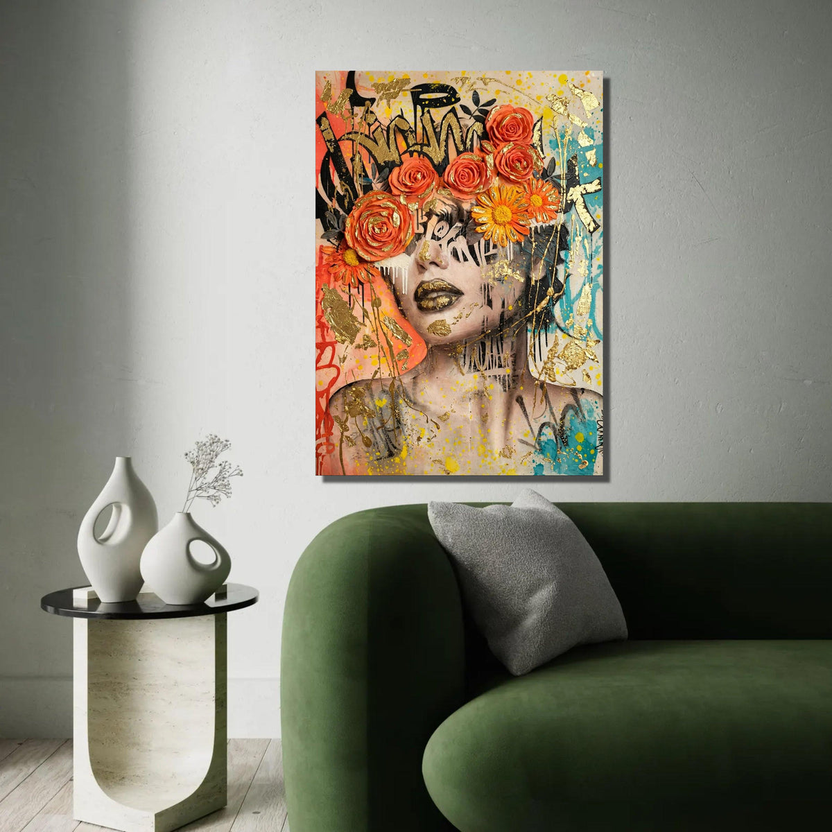 Vibrant Floral Crown Portrait Canvas, Urban Graffiti Wall Art, Modern Face Artwork, Colorful Home Decoration, Bold Ready To Hang Decoration