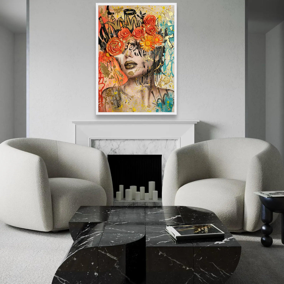 Vibrant Floral Crown Portrait Canvas, Urban Graffiti Wall Art, Modern Face Artwork, Colorful Home Decoration, Bold Ready To Hang Decoration