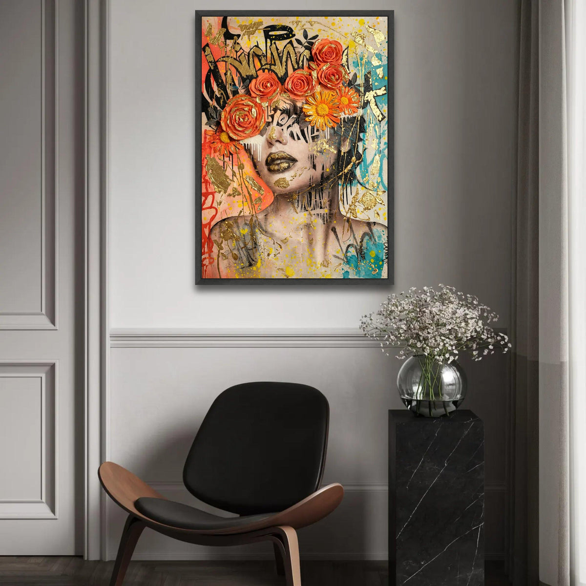 Vibrant Floral Crown Portrait Canvas, Urban Graffiti Wall Art, Modern Face Artwork, Colorful Home Decoration, Bold Ready To Hang Decoration