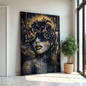 Elegant Woman Portrait Canvas, Gold Blue Floral Crown, Abstract Face Wall Art, Modern Glamour Home Decor, Ready to Ready To Hang Decoration