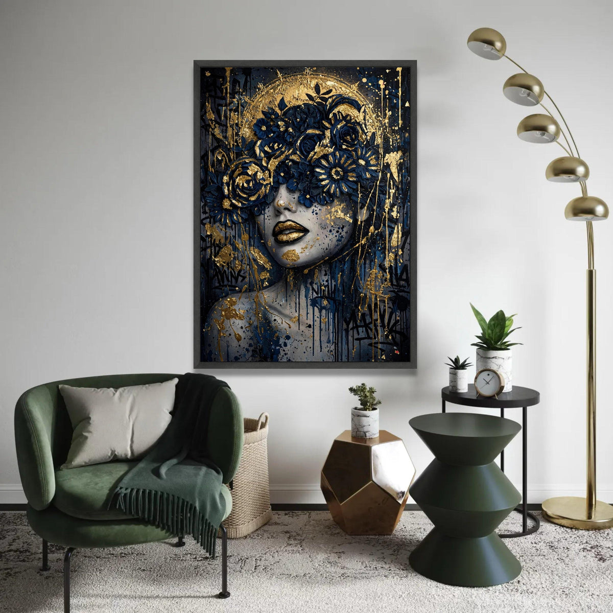 Elegant Woman Portrait Canvas, Gold Blue Floral Crown, Abstract Face Wall Art, Modern Glamour Home Decor, Ready to Ready To Hang Decoration
