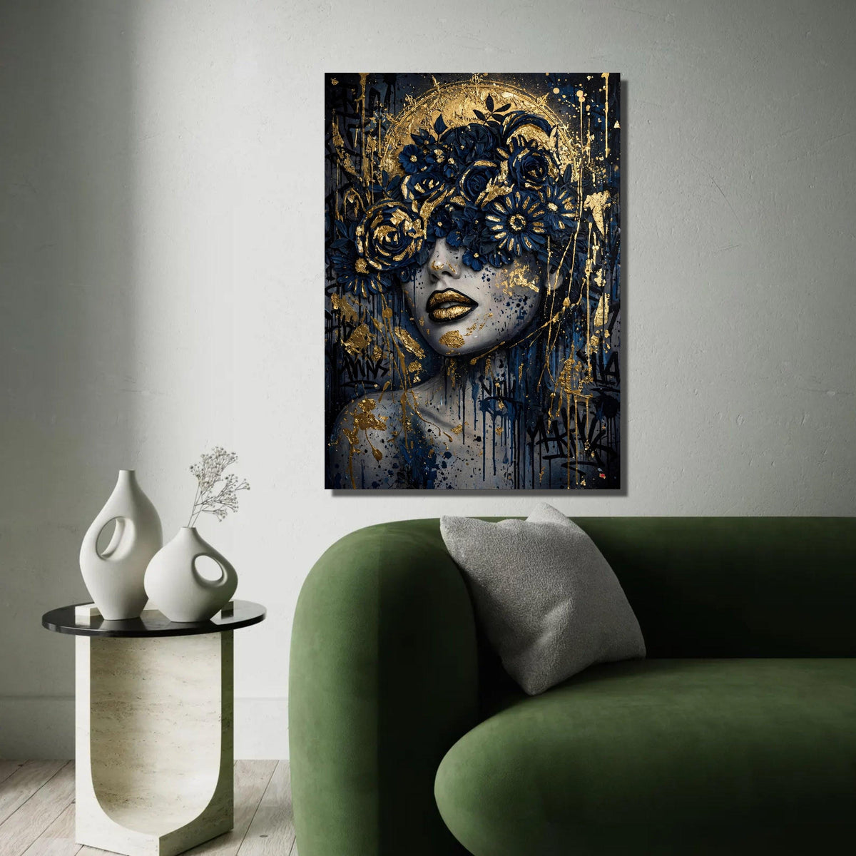 Elegant Woman Portrait Canvas, Gold Blue Floral Crown, Abstract Face Wall Art, Modern Glamour Home Decor, Ready to Ready To Hang Decoration