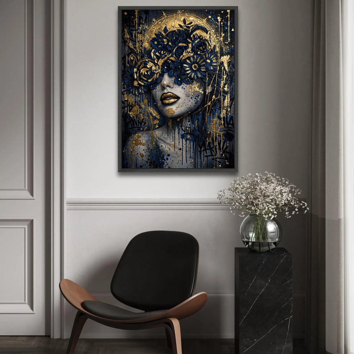 Elegant Woman Portrait Canvas, Gold Blue Floral Crown, Abstract Face Wall Art, Modern Glamour Home Decor, Ready to Ready To Hang Decoration
