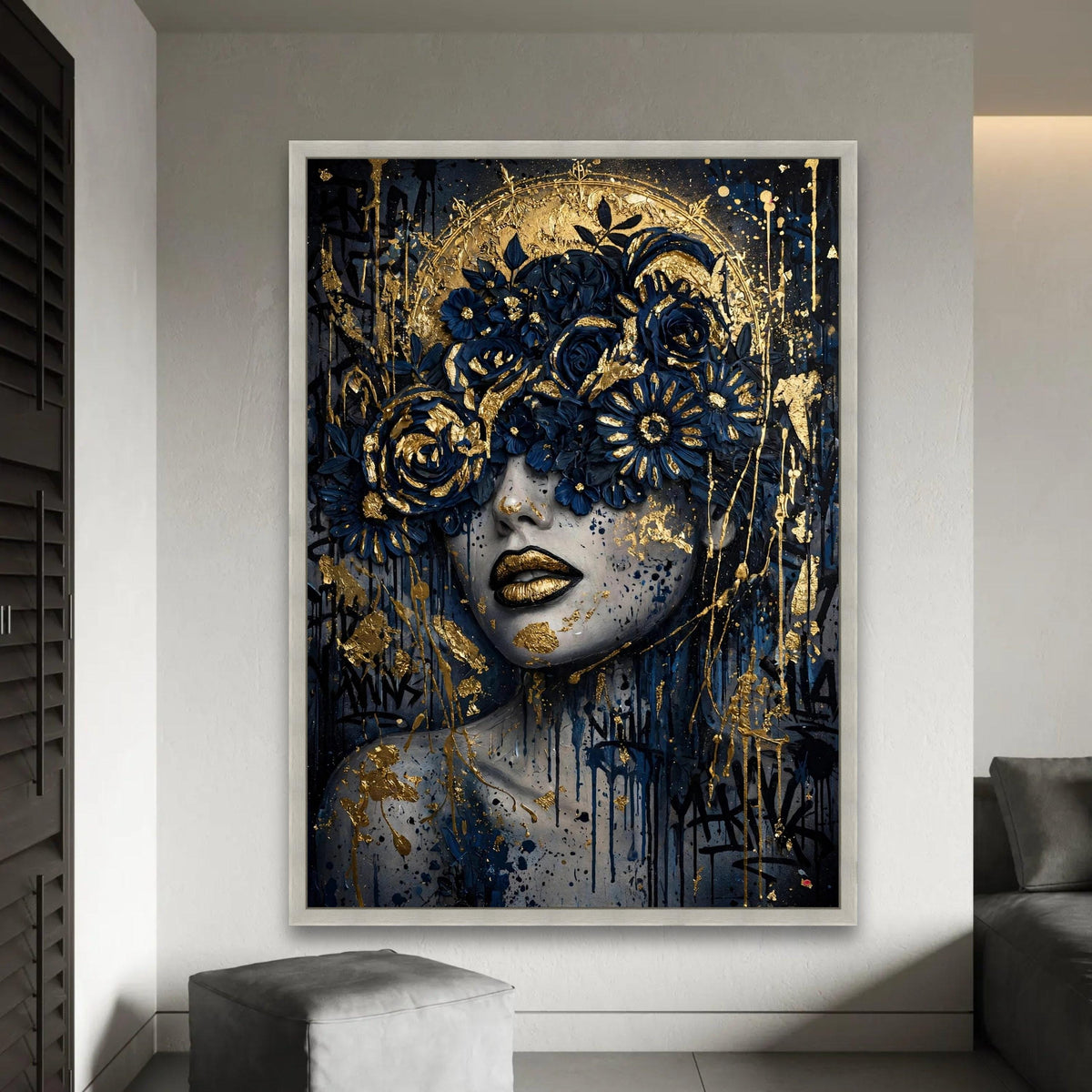 Elegant Woman Portrait Canvas, Gold Blue Floral Crown, Abstract Face Wall Art, Modern Glamour Home Decor, Ready to Ready To Hang Decoration
