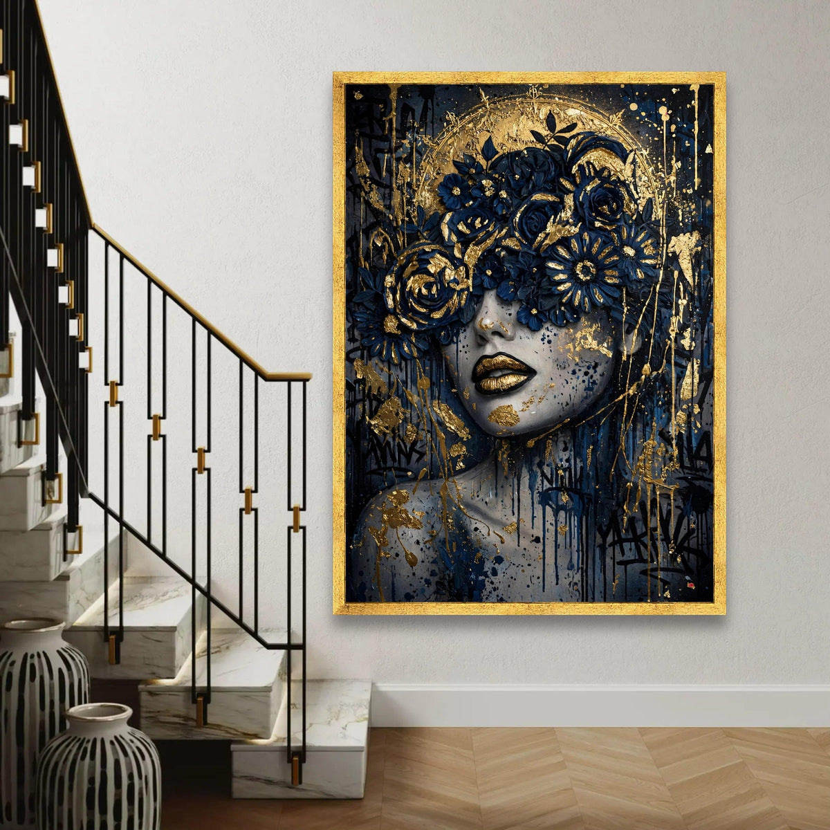 Elegant Woman Portrait Canvas, Gold Blue Floral Crown, Abstract Face Wall Art, Modern Glamour Home Decor, Ready to Ready To Hang Decoration