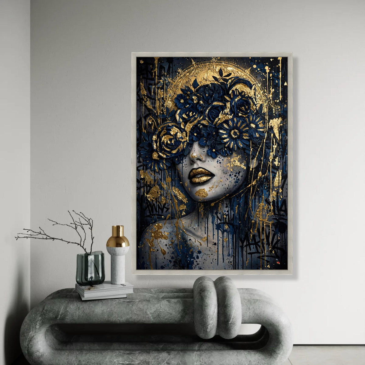 Elegant Woman Portrait Canvas, Gold Blue Floral Crown, Abstract Face Wall Art, Modern Glamour Home Decor, Ready to Ready To Hang Decoration