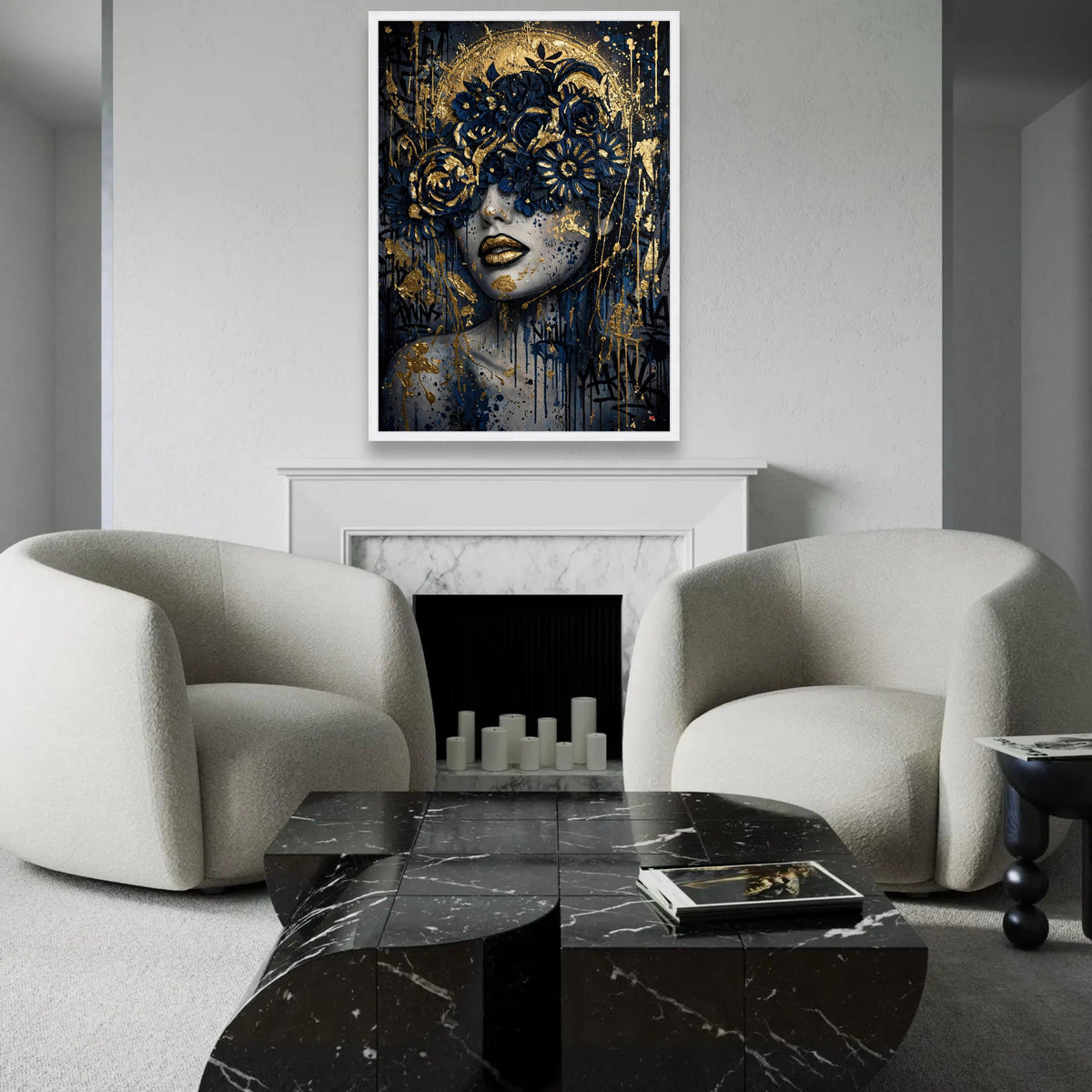 Elegant Woman Portrait Canvas, Gold Blue Floral Crown, Abstract Face Wall Art, Modern Glamour Home Decor, Ready to Ready To Hang Decoration